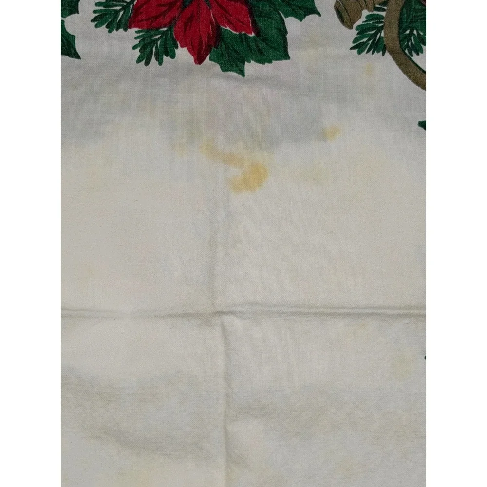 Vintage 90s Christmas‎ Tablecloth and 8 Napkins Set Poinsettia Bells Green Red
